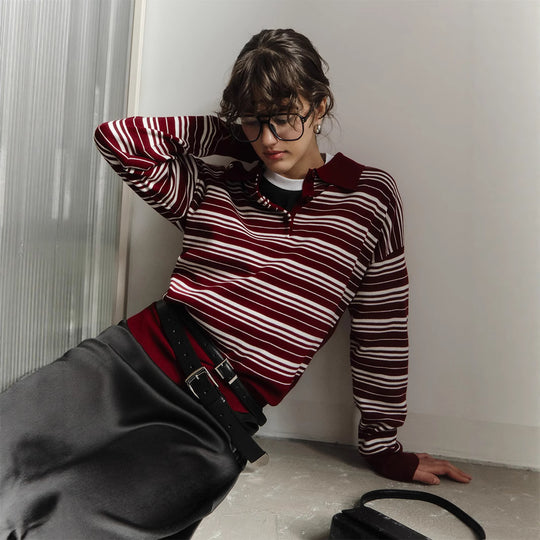 Damen Gestreifter Polo-Pullover mit Knopfleiste und langem Schnitt EB
