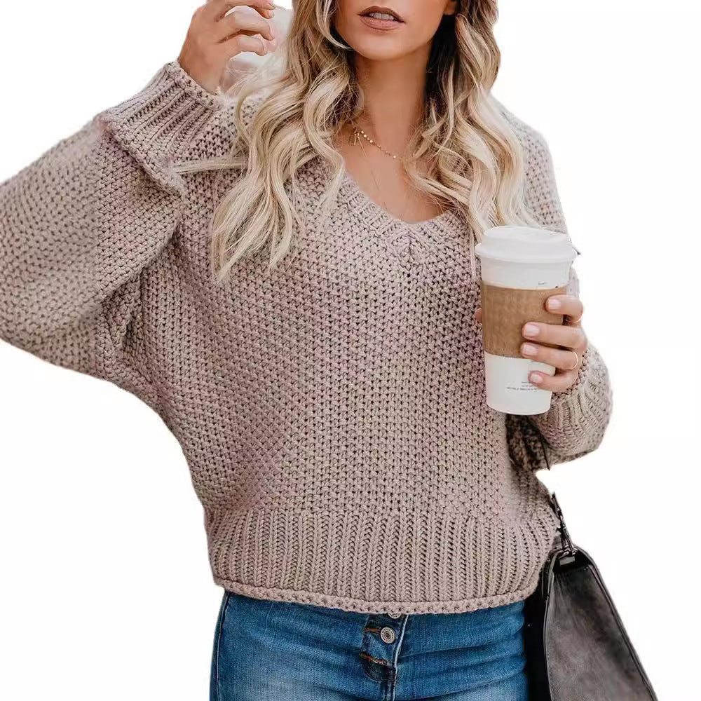Damen lässiger V-Ausschnitt Pullover mit lockerem Schnitt und strukturiertem Strick EB