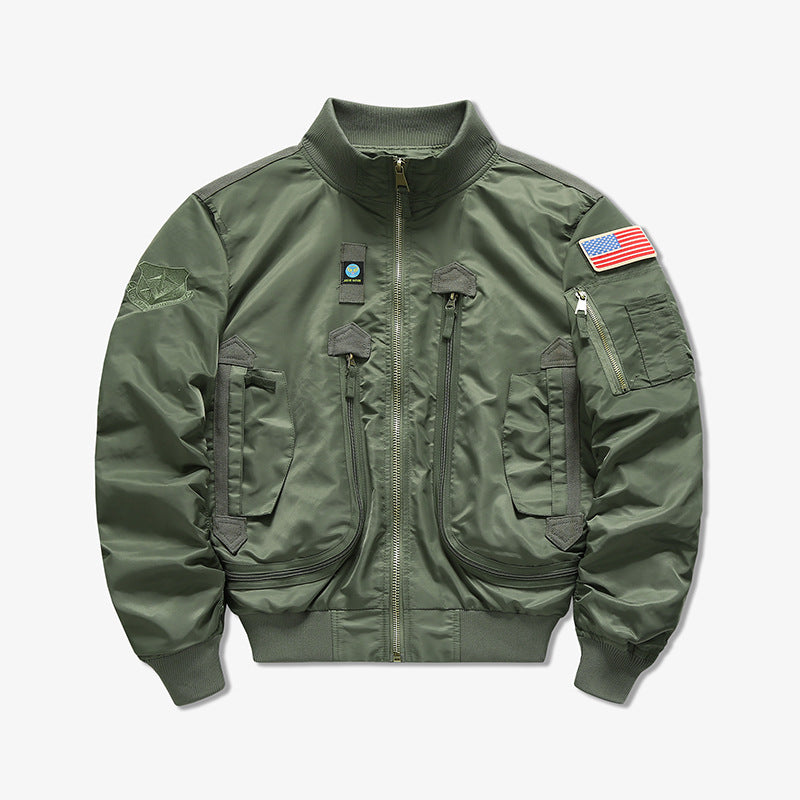 Men's  tactical flight bomber jacket with multiple angled zip and flap pockets EB