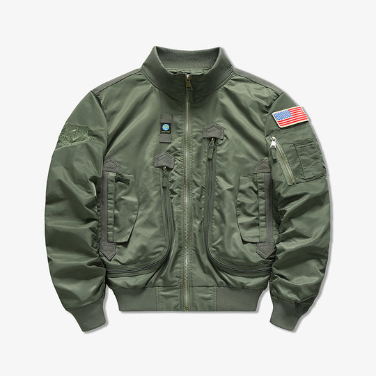 Men's  tactical flight bomber jacket with multiple angled zip and flap pockets EB