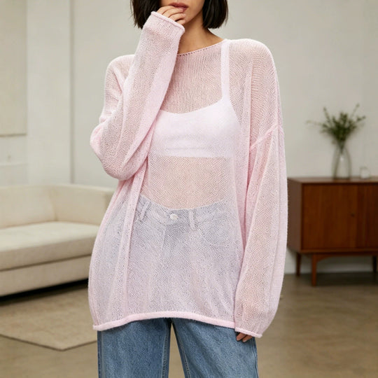 Damen luftiger Oversize-Feinstrickpullover mit weitem Arm und Rundhalsausschnitt EB
