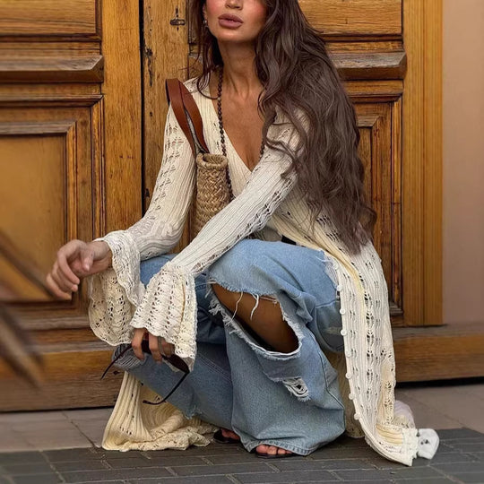 Damen Langer Häkelstrick-Cardigan mit Glockenärmeln und Offener Front EB