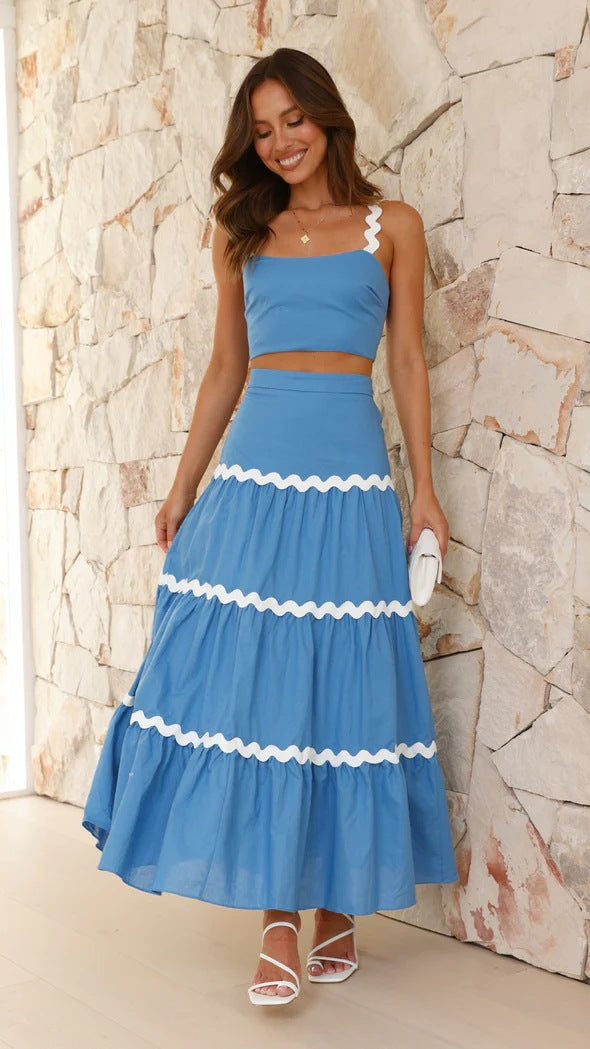 Damen Zwei-Teiliges Set aus gerafftem Crop-Top und voluminösem Maxirock EB