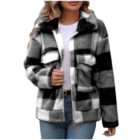 Damen Fleece-Jacke mit Karomuster und praktischen Taschen EB
