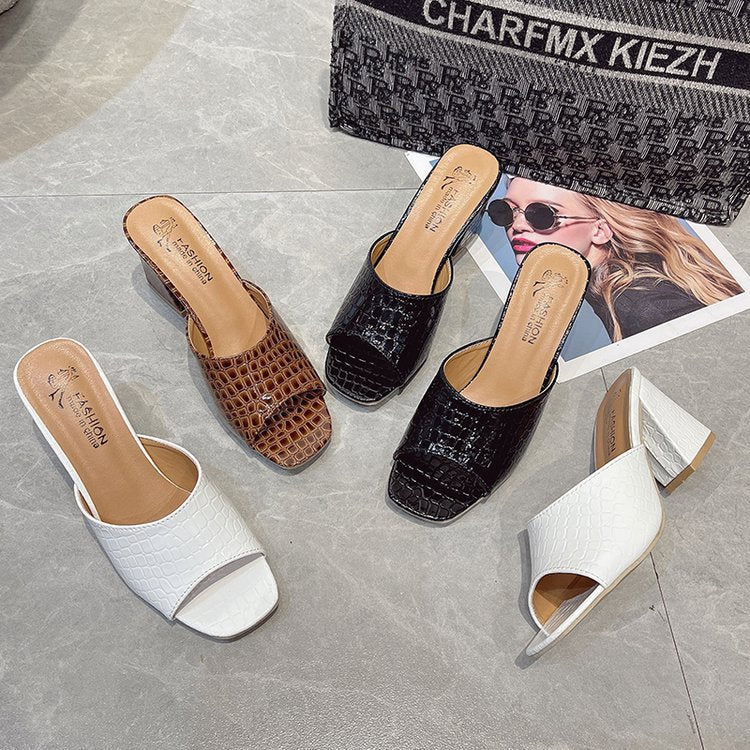 Damen Schicke Peeptoe-Pantoletten aus hochwertigem Leder mit Kroko-Optik EB