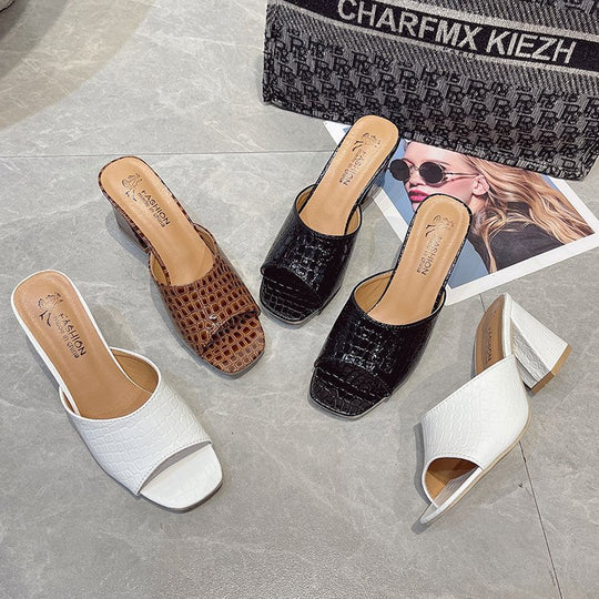 Damen Schicke Peeptoe-Pantoletten aus hochwertigem Leder mit Kroko-Optik EB