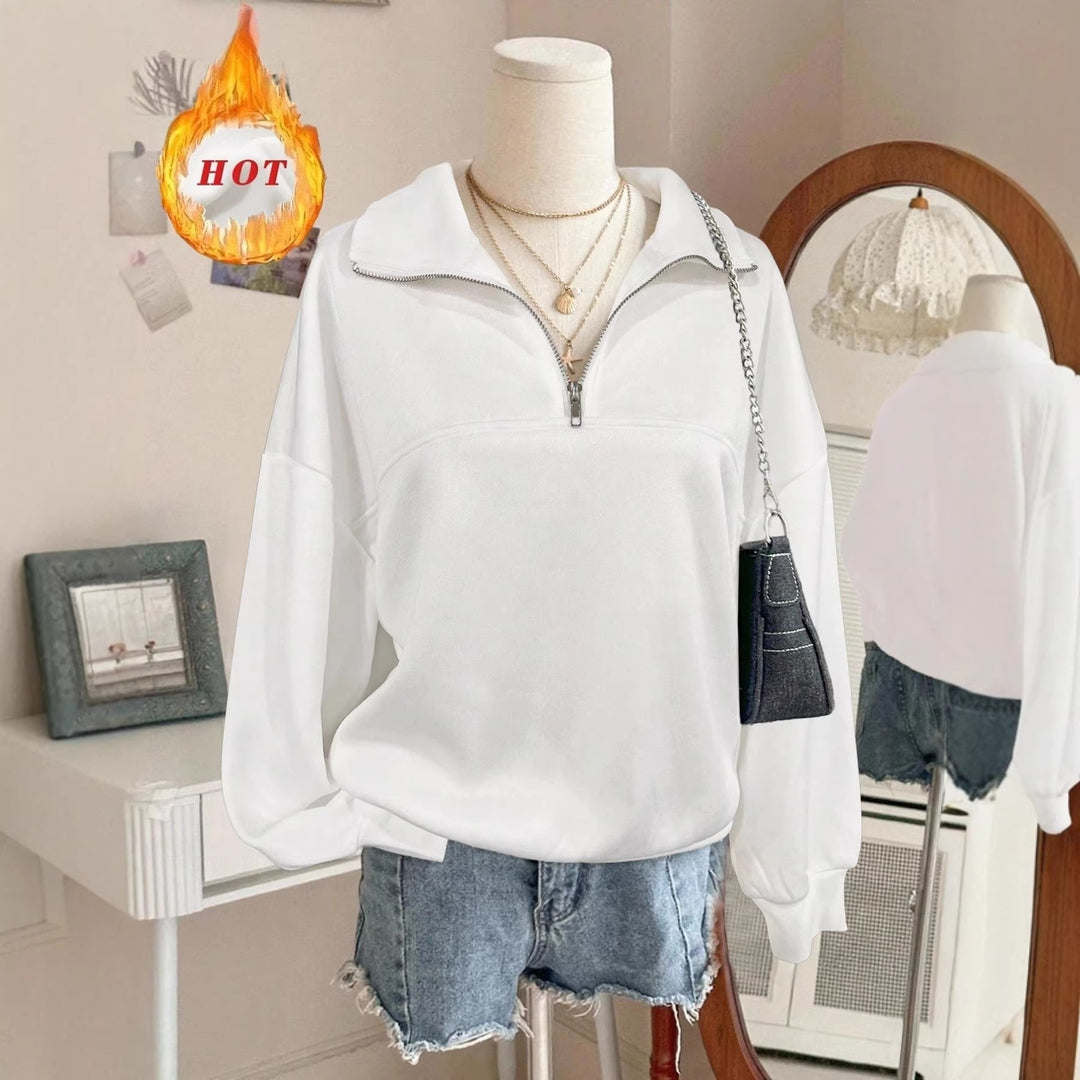 Damen nan Oversize Sweatshirt mit halbem Reißverschluss, Stehkragen und Ballonärmeln EB