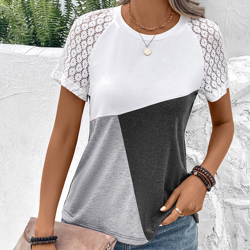 Damen modisches T-Shirt mit Spitzenärmeln und Farbblockdesign EB