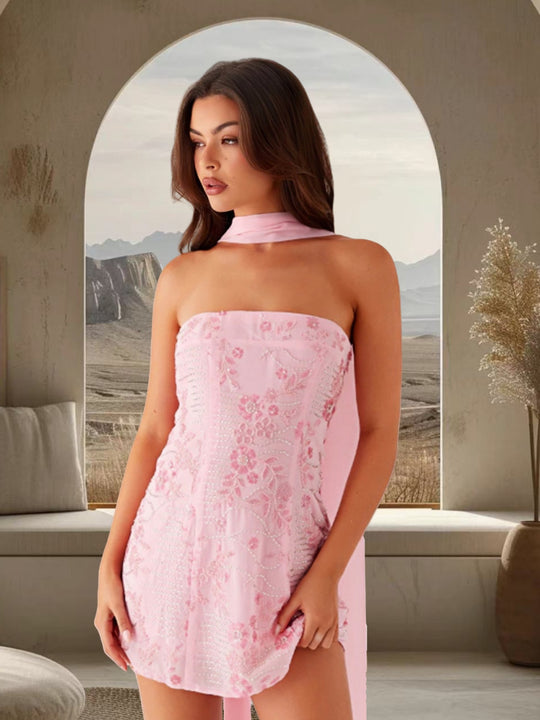 Damen elegantes schulterfreies Minikleid mit aufwendiger floralem Stickerei EB