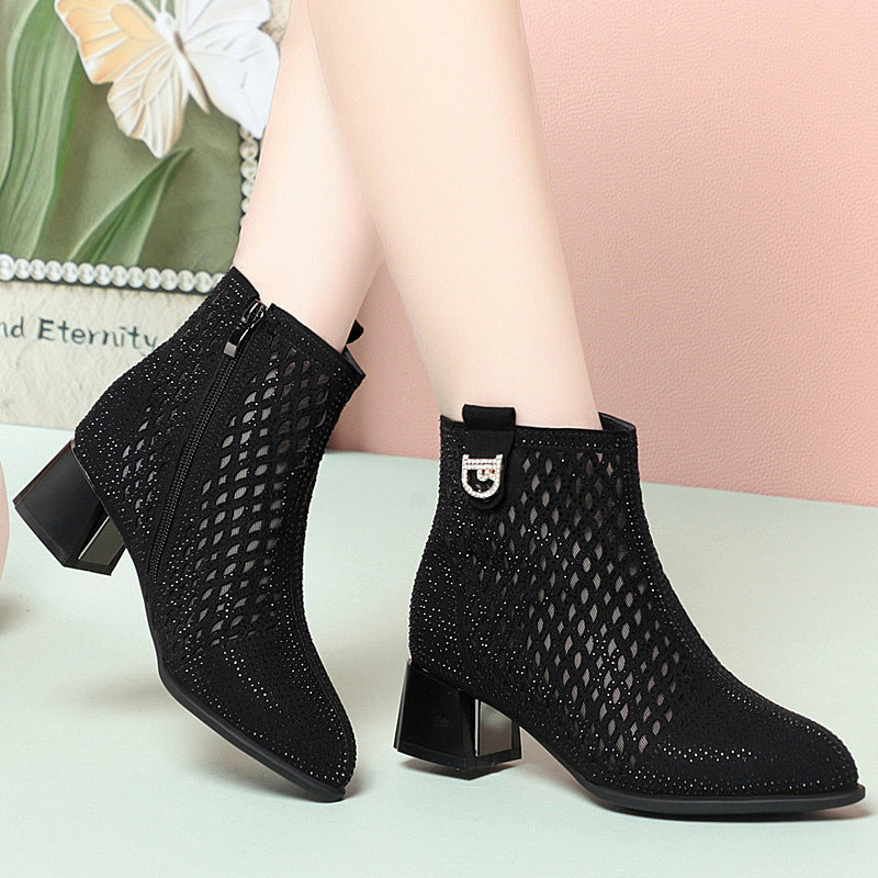 Damen Ankle Boots mit dekorativem Netzdesign und komfortablem Blockabsatz EB
