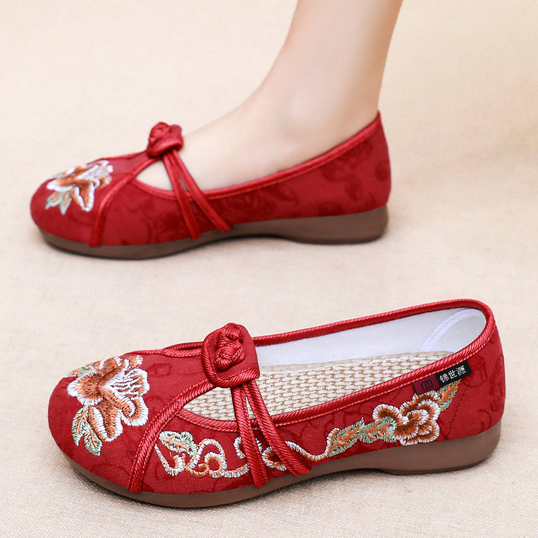 Damen Ballerinas mit kunstvollem Blumenstickerei und elastischem Riemen EB