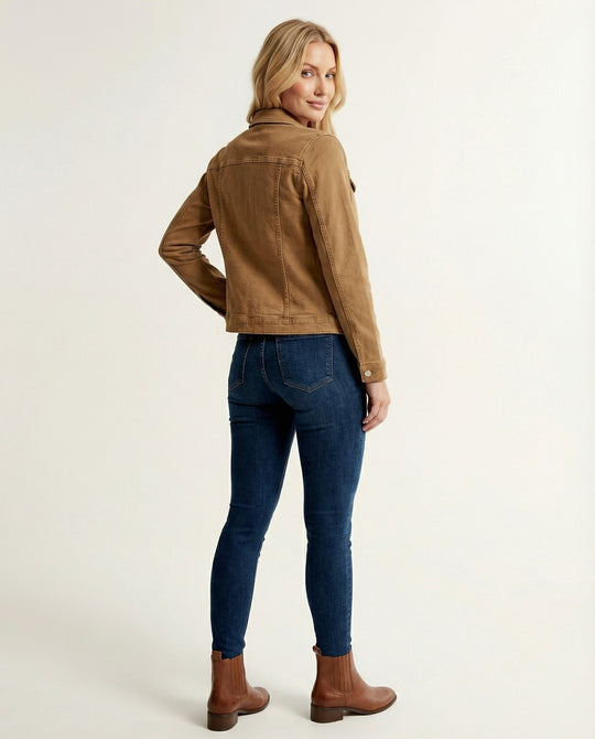 Damen Mode kurze klassische Jeansjacke mit aufgesetzten Brusttaschen und verkürztem Saum EB