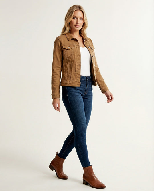Damen Mode kurze klassische Jeansjacke mit aufgesetzten Brusttaschen und verkürztem Saum EB