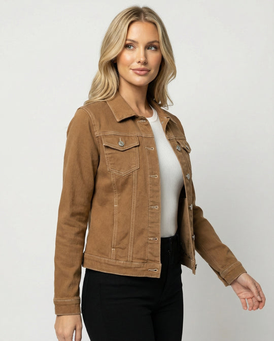 Damen Mode kurze klassische Jeansjacke mit aufgesetzten Brusttaschen und verkürztem Saum EB