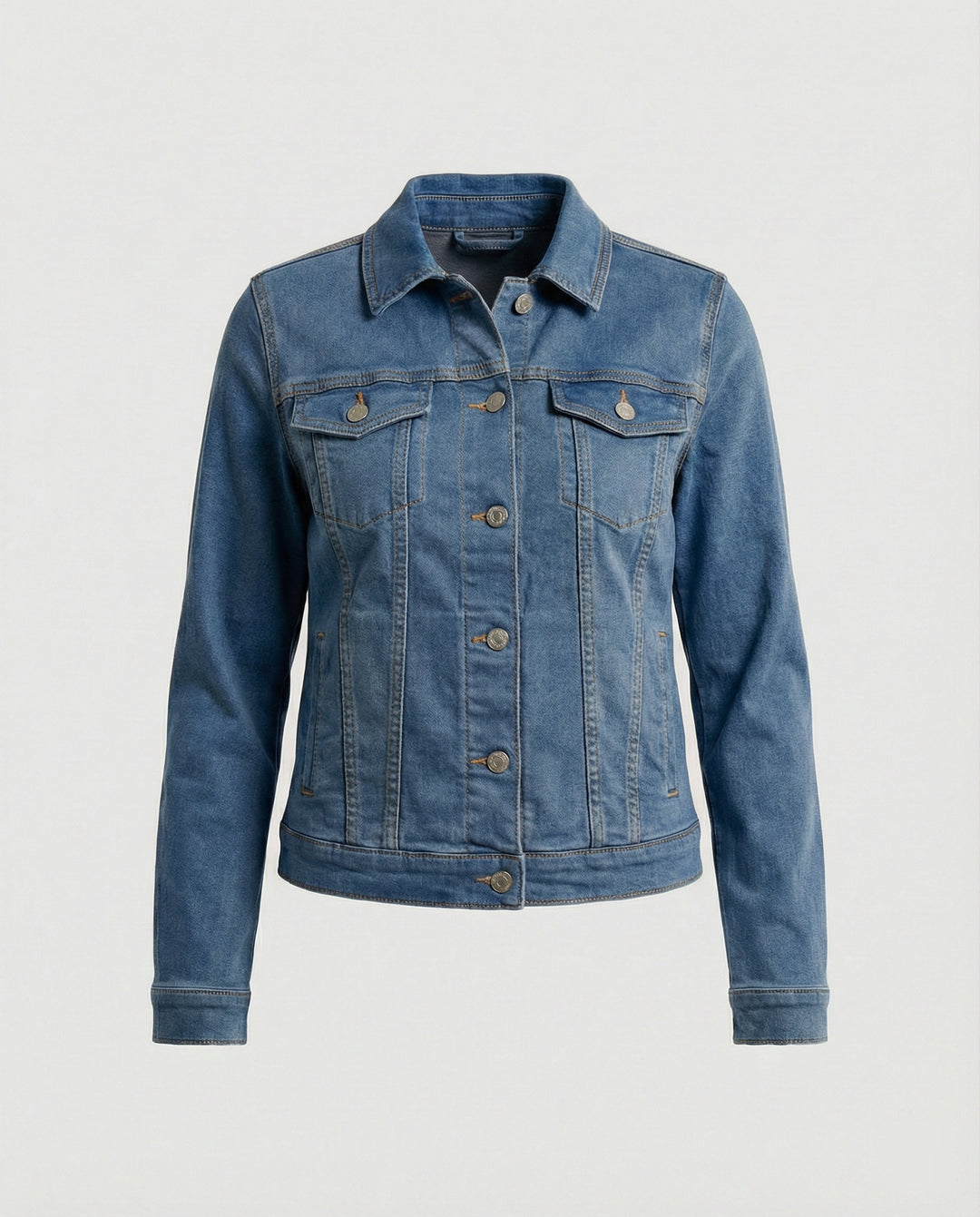 Damen Mode kurze klassische Jeansjacke mit aufgesetzten Brusttaschen und verkürztem Saum EB