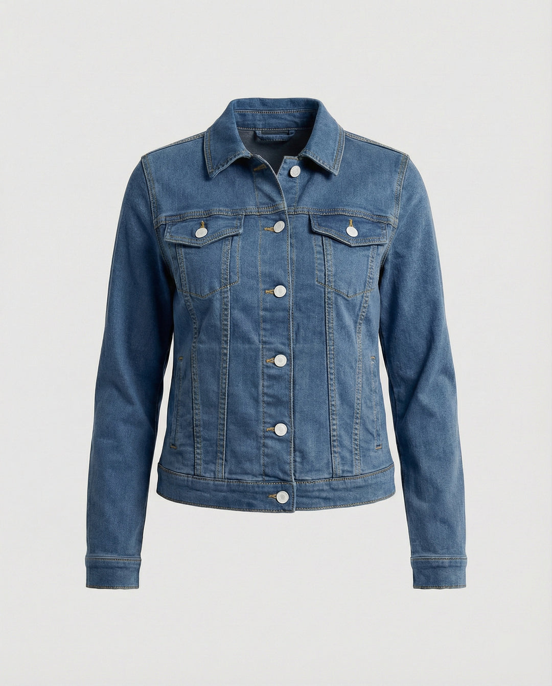 Damen Mode kurze klassische Jeansjacke mit aufgesetzten Brusttaschen und verkürztem Saum EB
