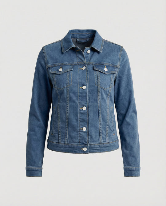 Damen Mode kurze klassische Jeansjacke mit aufgesetzten Brusttaschen und verkürztem Saum EB