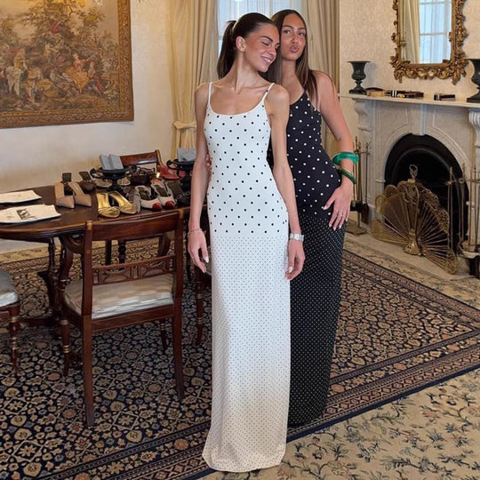 Damen Elegantes Polka-Dot Maxikleid mit verstellbaren Trägern und fließendem Schnitt EB