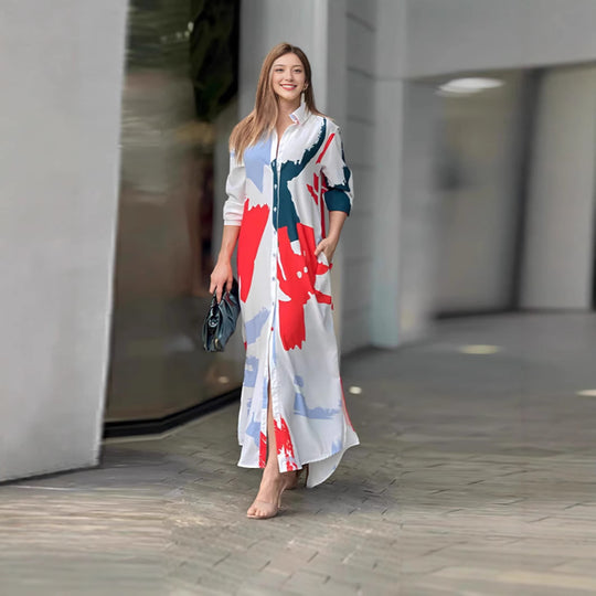 Damen lässiges Hemdblusenkleid mit buntem Grafikdruck und praktischen Taschen EB