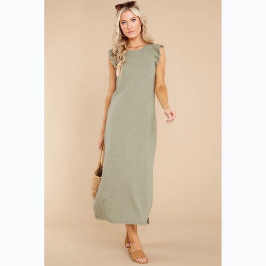 Damen Langarm Maxikleid mit verspielten Rüschendetails und lockerem Schnitt EB