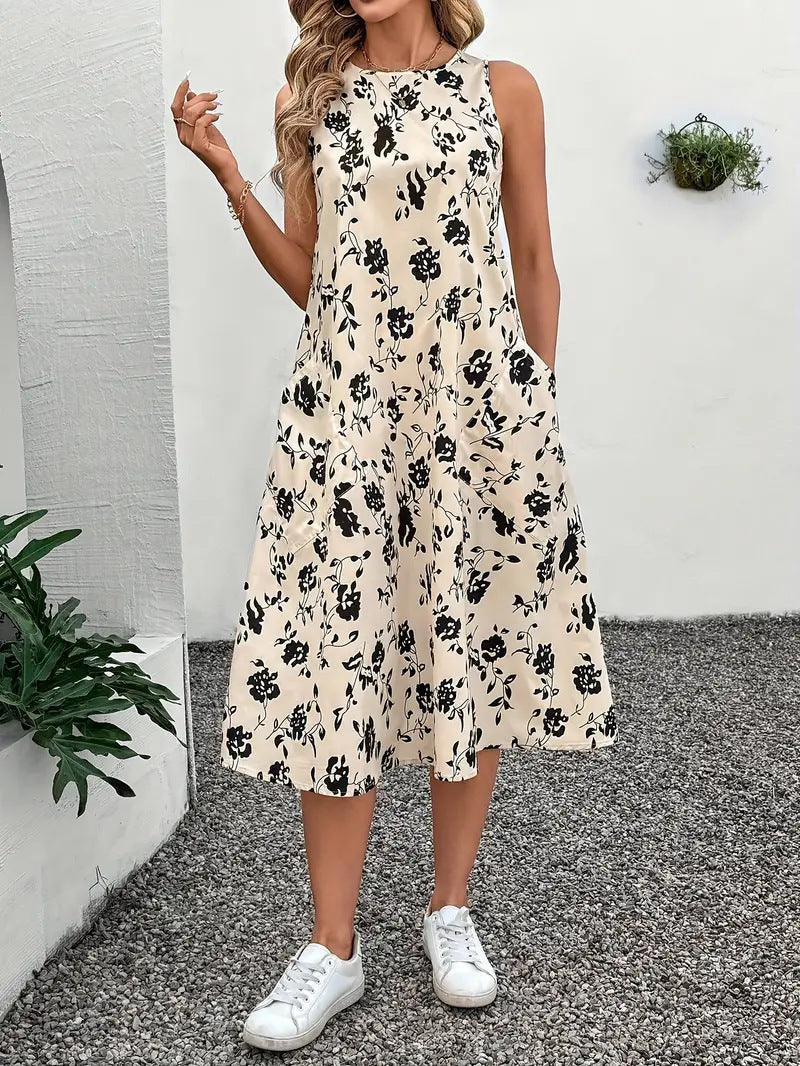 Damen Ärmelloses Maxikleid mit floralem Muster und praktischen Taschen EB