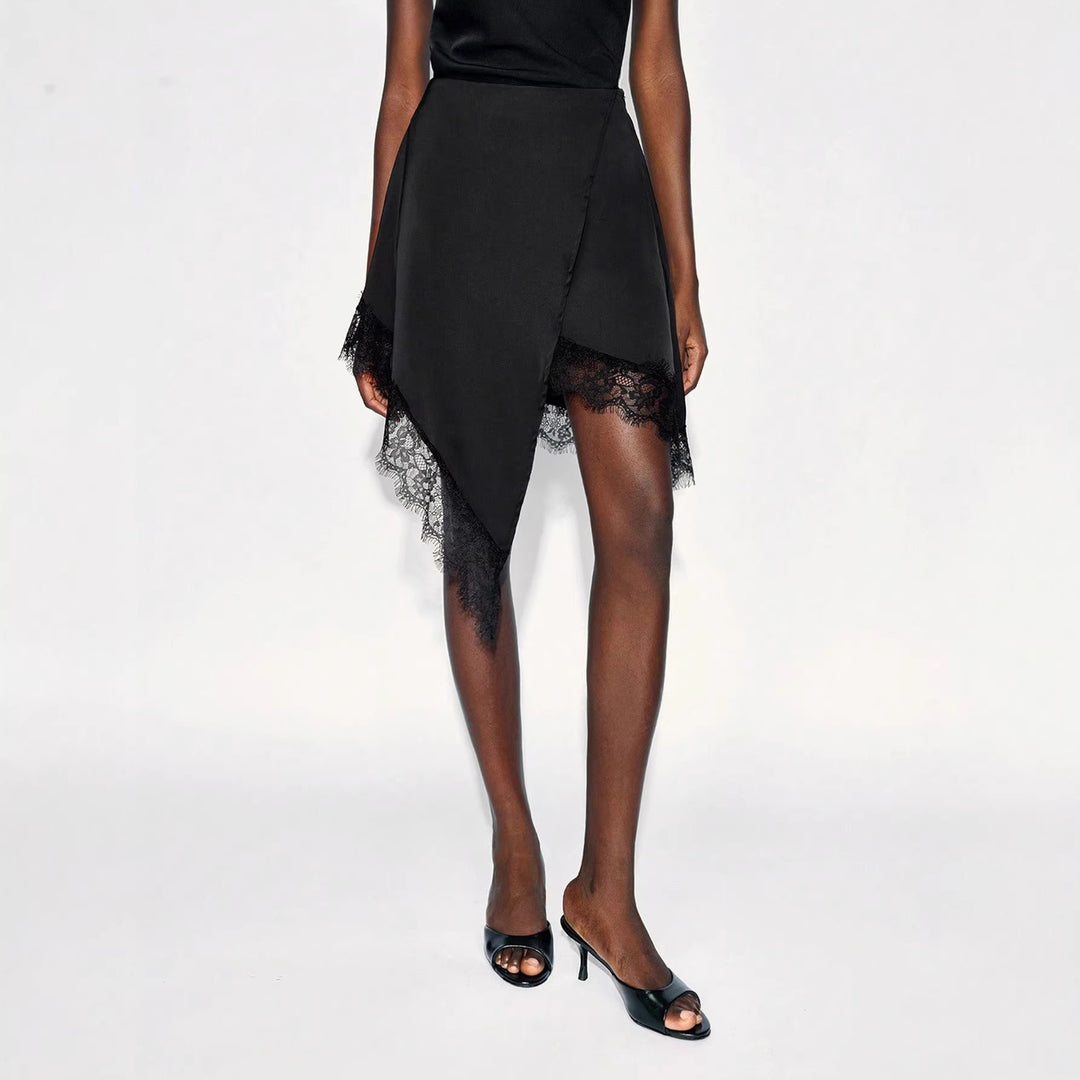 Damen nan asymmetrischer Wickelrock mit Spitzenbesatz und satinähnlichem Fall EB