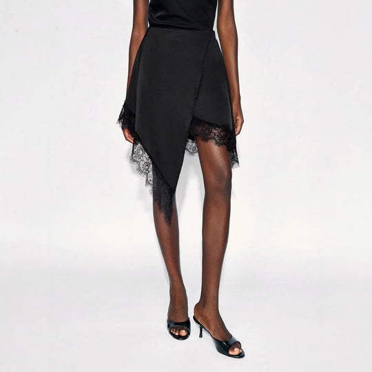 Damen nan asymmetrischer Wickelrock mit Spitzenbesatz und satinähnlichem Fall EB