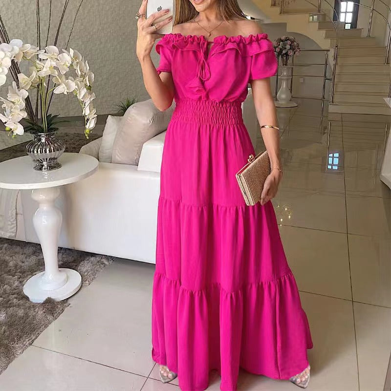 Damen Maxikleid mit Schulterfreiem Design und Voluminösen Rüschen EB