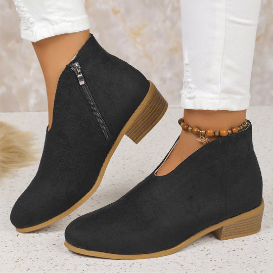 Damen nan knöchelhohe Stiefelette mit V-Ausschnitt, weichem Obermaterial und leichtem Holzblockabsatz EB