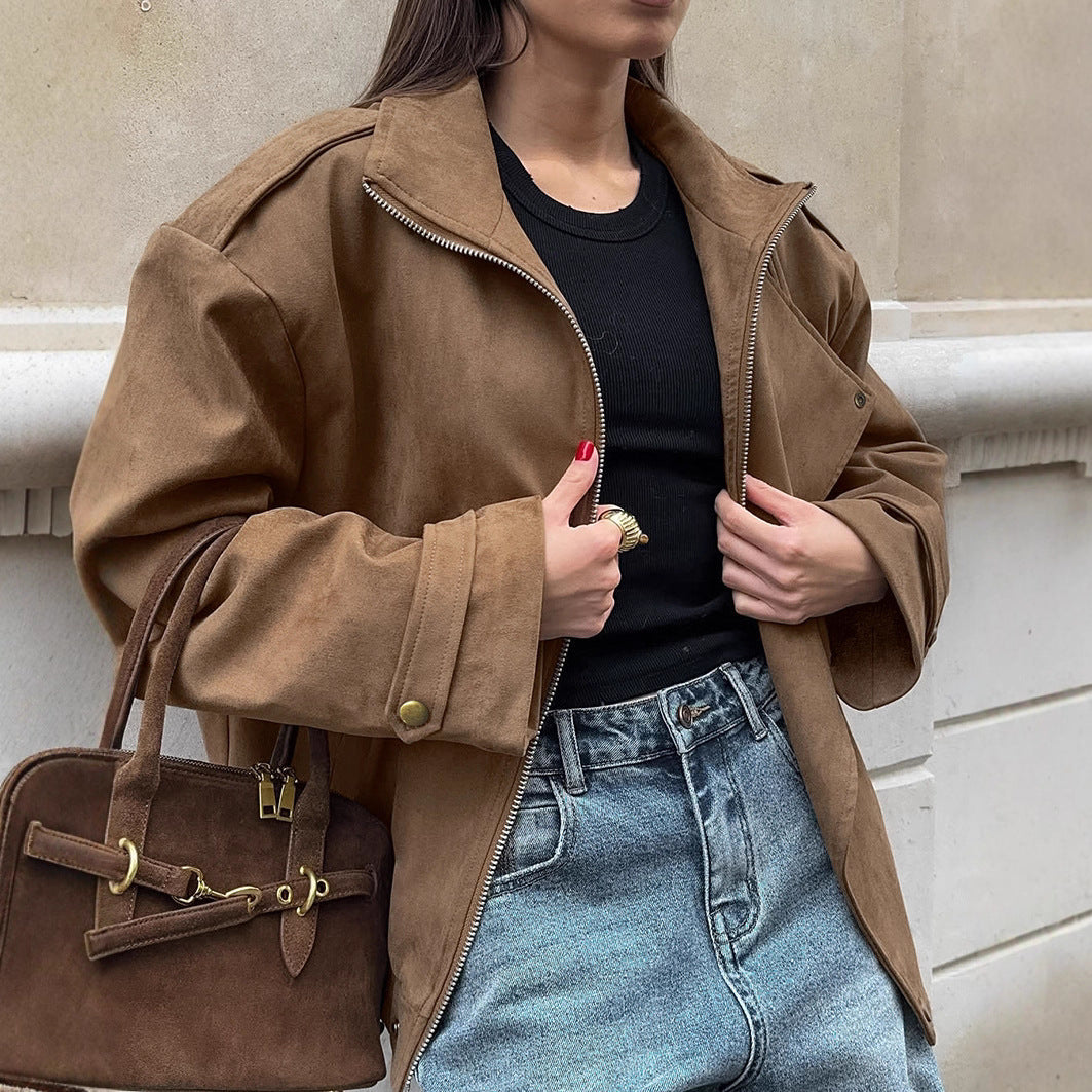 Damen Modische Suede-Bomberjacke mit praktischen Taschen und Reißverschluss EB