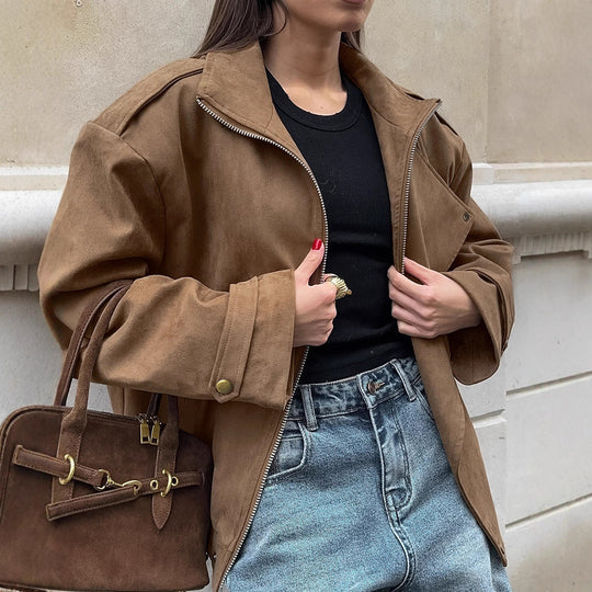 Damen Modische Suede-Bomberjacke mit praktischen Taschen und Reißverschluss EB