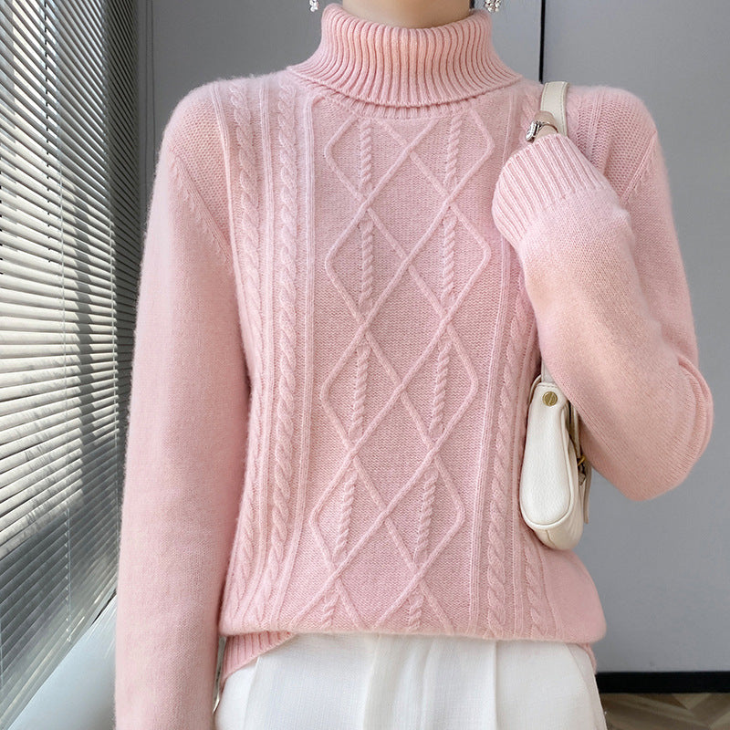 Damen Strickpullover mit hoch geschlossenem Kragen und Zopfmuster EB