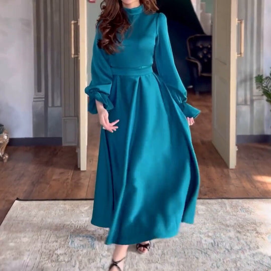 Damen Fließendes Abendkleid mit eleganten Puffärmeln und hohem Kragen EB