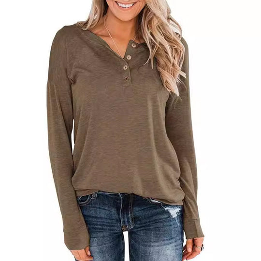 Damen modisches Langarm-Henley-Shirt mit Knopfleiste EB