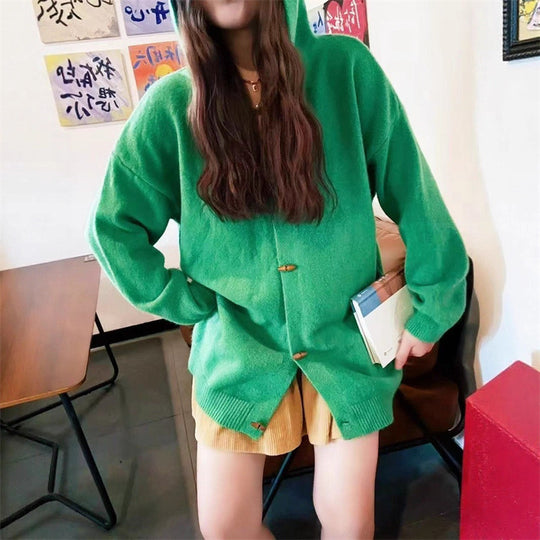 Damen stylische Strickjacke mit Kapuze und dekorativen Knöpfen EB