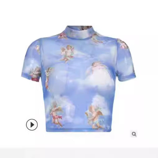 Damen Hochgeschlossenes Crop-Top mit romantischem Engelmotiven EB