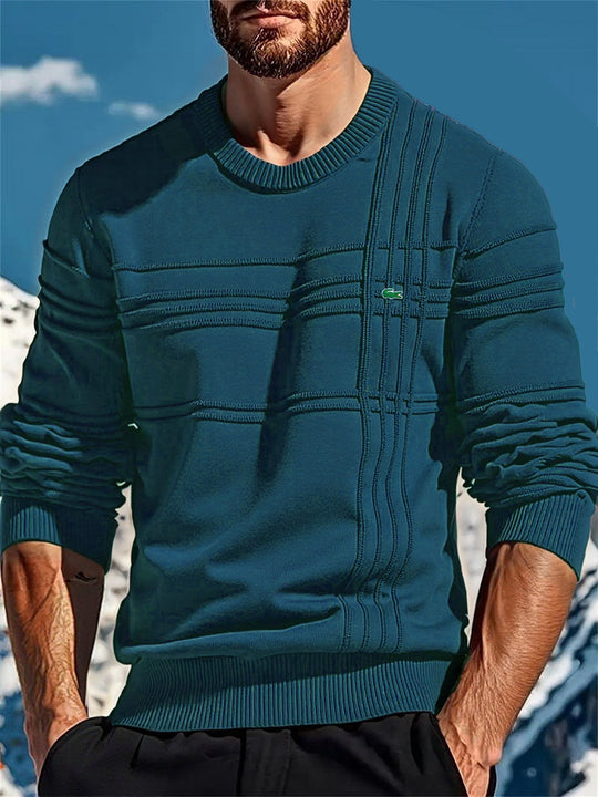 Herren nan strukturierter Rundhalspullover aus Baumwollmischung Slim Fit mit Reliefstreifen und Rippenbündchen EB