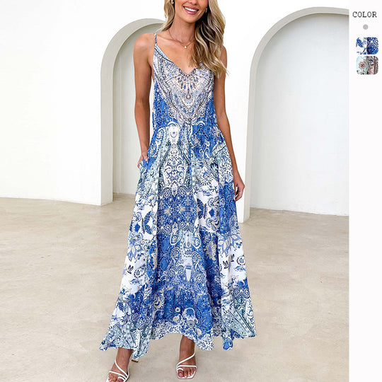 Damen Maxikleid im eleganten Ethno-Design mit Taschen und feinem V-Ausschnitt EB
