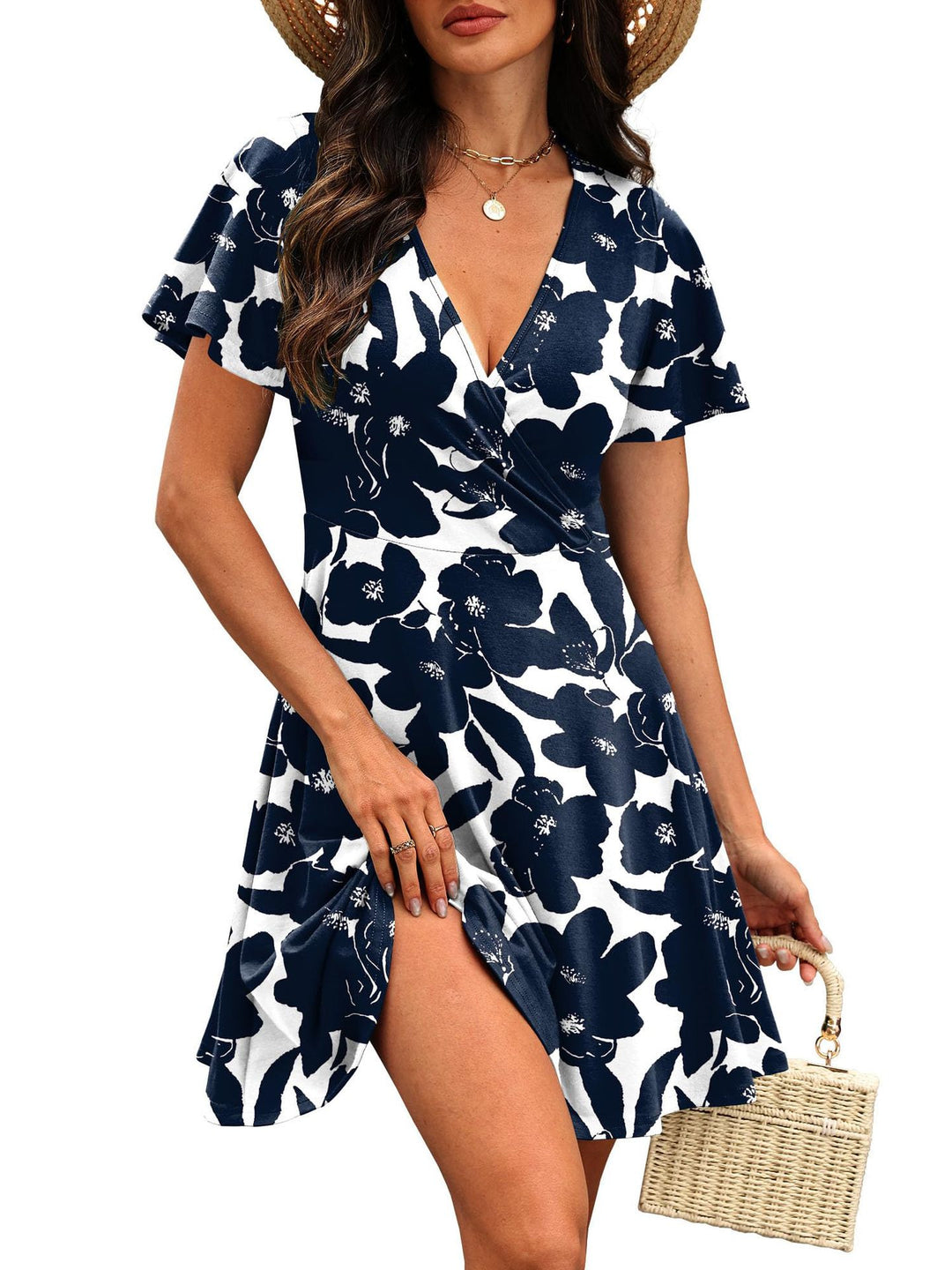 Damen Kurzärmeliges Wickelkleid mit floralen Mustern und V-Ausschnitt EB