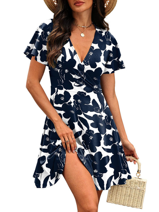 Damen Kurzärmeliges Wickelkleid mit floralen Mustern und V-Ausschnitt EB