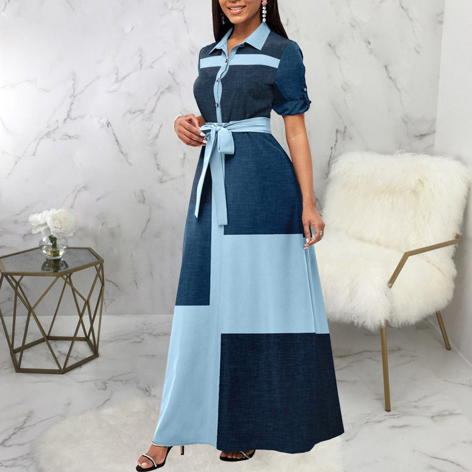 Damen Elegantes Knopfhemd-Maxikleid mit tailliertem Gürtel EB