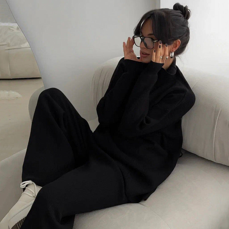 Damen Feiner Rippstrick-Loungewear-Set mit Stehkragen, Seitenschlitzen und hoher Taille Eichborn Berlin