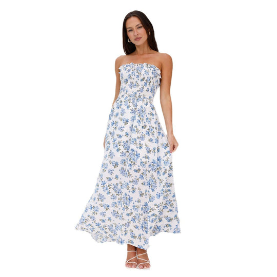 Damen Maxikleid mit schulterfreiem Design und verspieltem Blumenmuster EB