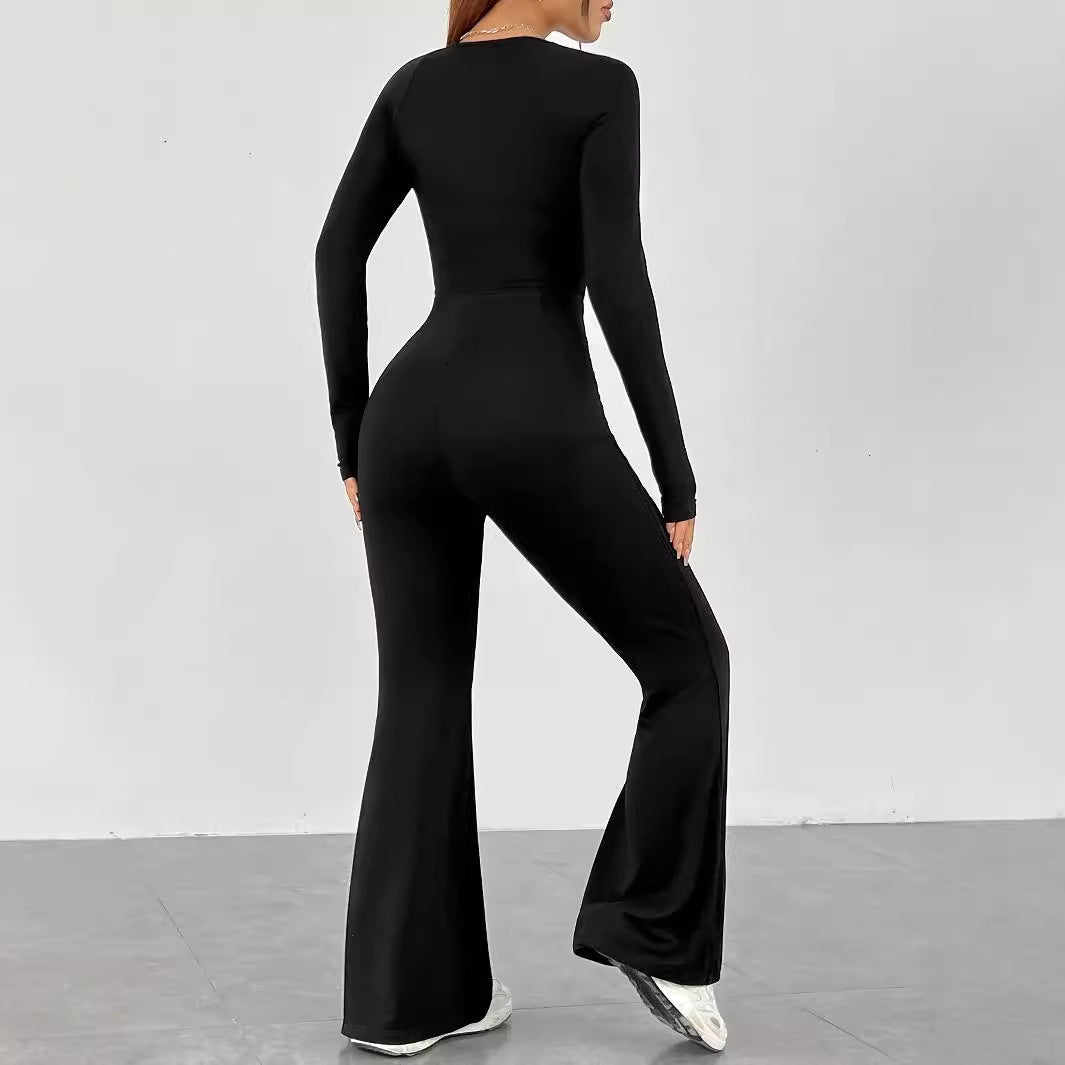 Damen Langarm Jumpsuit mit elegantem Quadrat-Ausschnitt und weitem Bein EB
