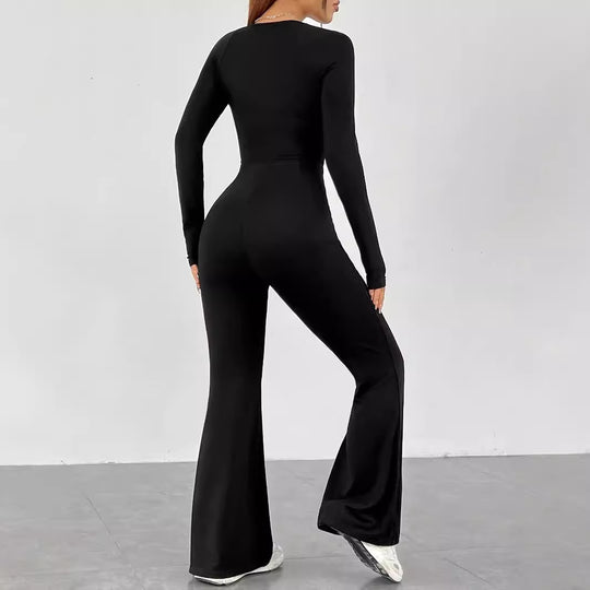 Damen Langarm Jumpsuit mit elegantem Quadrat-Ausschnitt und weitem Bein EB