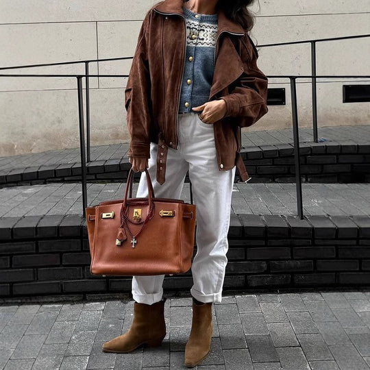 Damen modischer Wildleder-Style Oversized-Jacke mit Gürtel EB