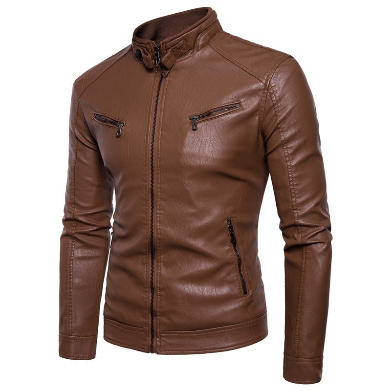 Herren elegante Kunstleder-Motorradjacke mit Stehkragen EB