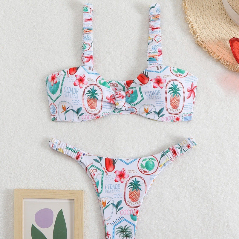 Damen Triangel-Bikini mit tropischem Druck und zarten Rüschen EB