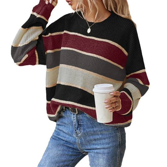 Damen lässiger Grobstrickpullover mit Farbblockmuster und weitem Schnitt EB