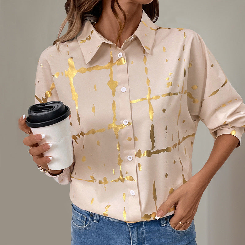 Damen Elegante Langarm-Bluse mit Gold-Folienprint, Hemdkragen und lockerem Schnitt EB